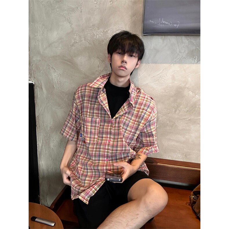 复古格子短袖衬衫男夏季宽松潮流小众休闲半袖衬衣 C338图片