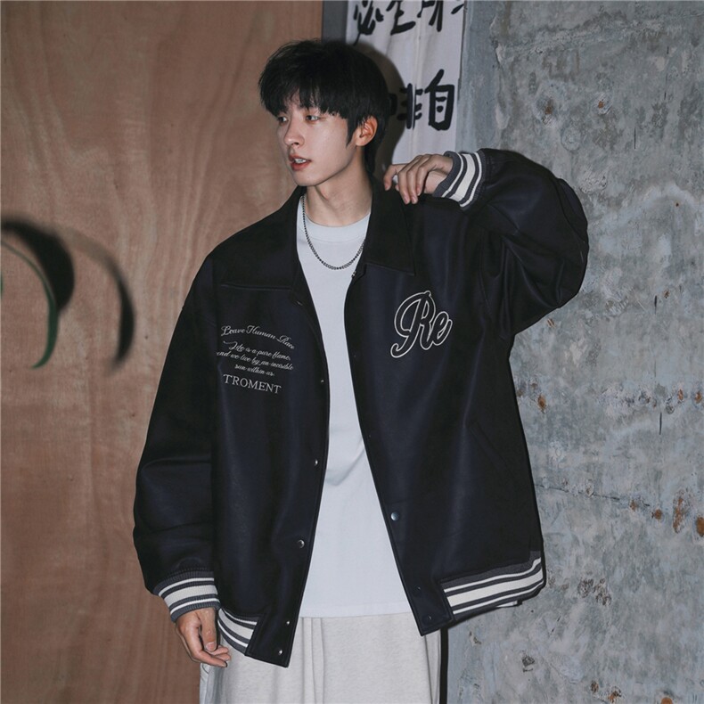 美式机车高街翻领皮衣中性绣花PU夹克棒球服外套男H1006P118,男装夹克,电商A341