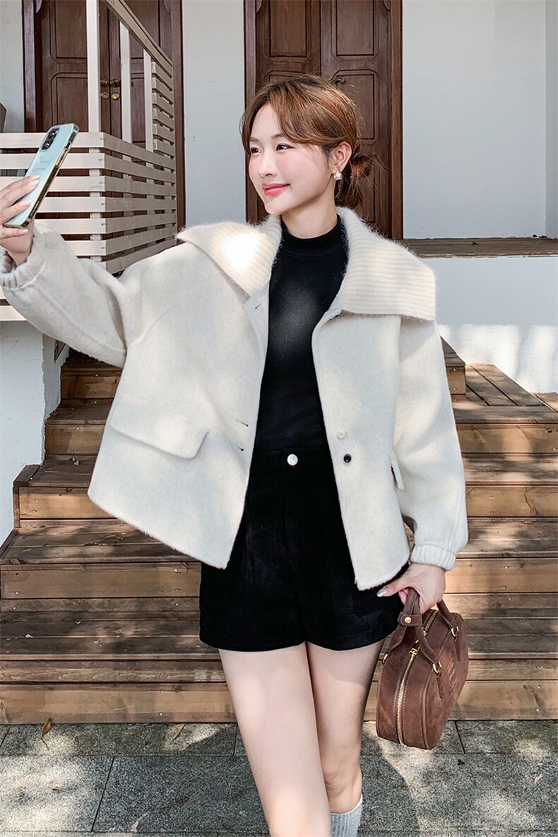针织翻领白色双面羊绒外套女秋冬超火好看高级感加厚毛呢夹克上衣,女装毛呢外套,2C015