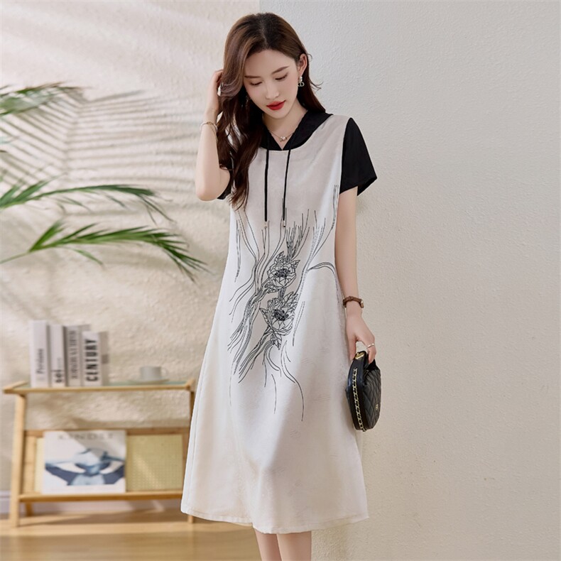 香云纱真丝连衣裙女2025夏季新款撞色印花休闲连帽减龄桑蚕丝裙子,女装连衣裙,魅衣本色