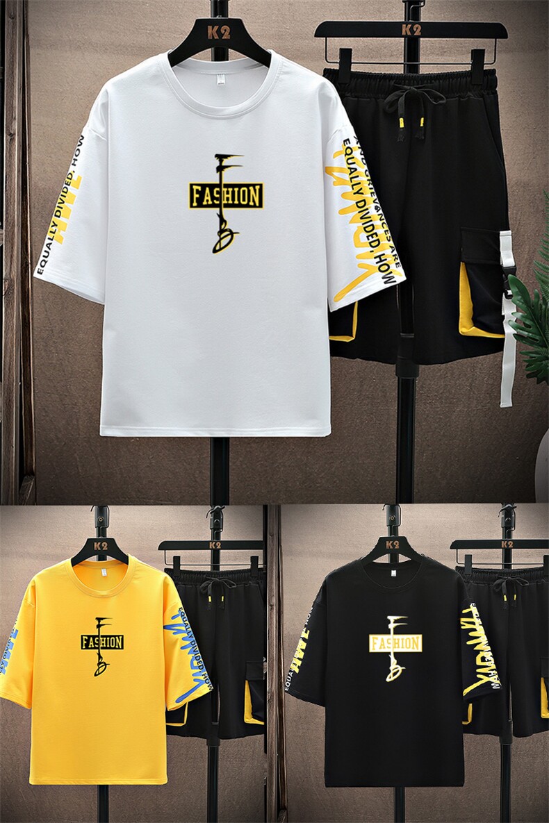 夏季两件套短袖男t恤宽松韩版潮流休闲工装裤套装衣服F212P68,男装休闲套装,电商A086