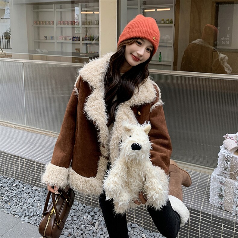羊羔毛外套女毛茸茸皮毛一体咖色机车服冬季保暖棉服3098P195K298，女装棉衣/棉服，维壹