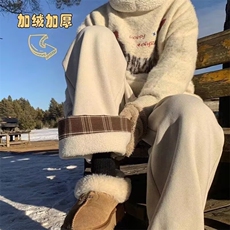 加绒加厚冬款男女休闲卫裤保暖格子拼接宽松直筒长裤h8087P45，男装休闲裤，星座1013-1