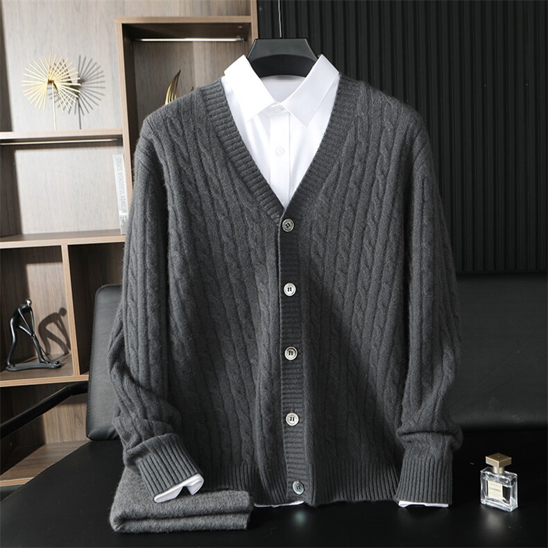 V领扭花男士秋冬季新款简约休闲羊绒开衫，男装羊绒开衫，台绒羊绒