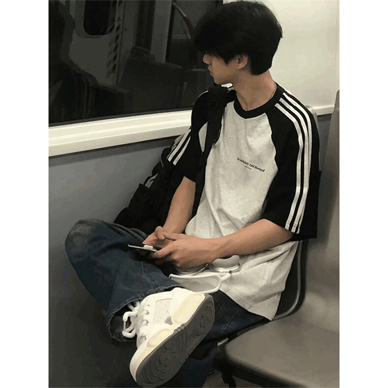 抖音得物品质二开240克宽松纯棉美式潮牌插肩三杠织带短袖T恤，男装T恤，电商A486