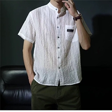 棉麻短袖衬衫男士夏季风休闲衬衣纯色薄款小立领男装上衣，男装T恤，星座1210-1