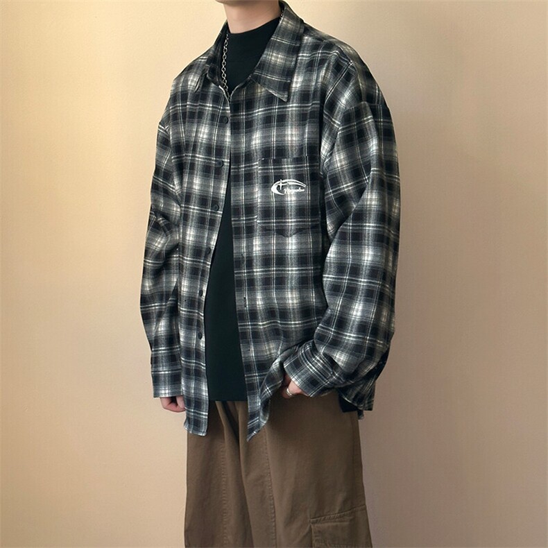 高品质绣花全棉格子长袖衬衣外套潮牌中性AC2308603-特批P60,男装衬衫,电商A351