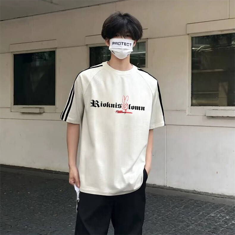 抖音得物高品质二开240克宽松纯棉美式潮牌三条杠织带短袖T恤图片