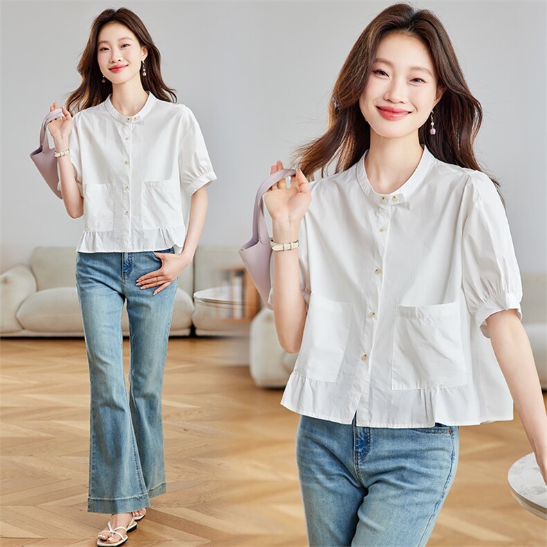 2026夏季新款纯棉小衫圆领休闲短袖纯色薄款泡泡袖全棉立领衬衫女，女装衬衫，简韵佳