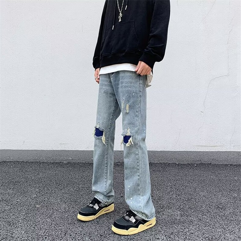 美式街头设计破洞补丁直筒修身水洗牛仔裤浅色乞丐休闲长裤潮牌男,男装牛仔裤,星座601-2