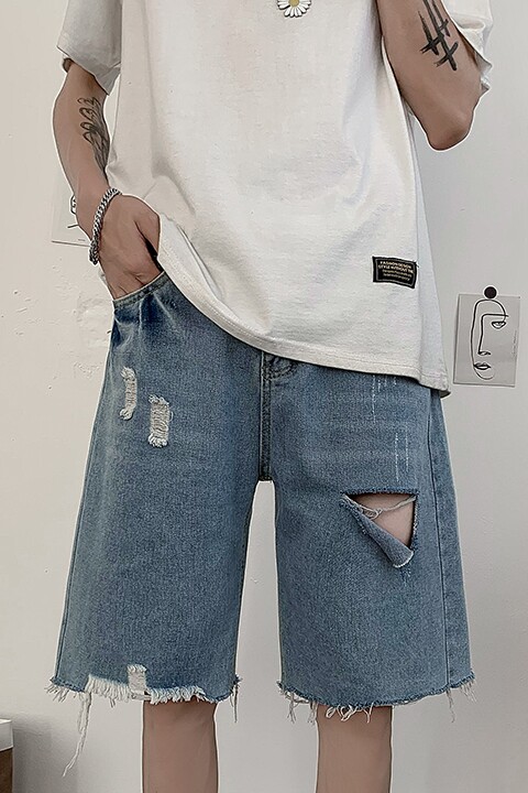 主推夏季2021新款牛仔短裤男宽松破洞五分裤毛边中裤D,男装牛仔裤,星座1008