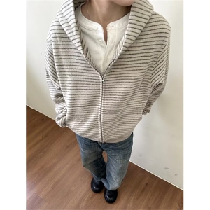 复古条纹慵懒拉链开衫连帽卫衣男女宽松百搭情侣外套上衣条纹卫衣图片