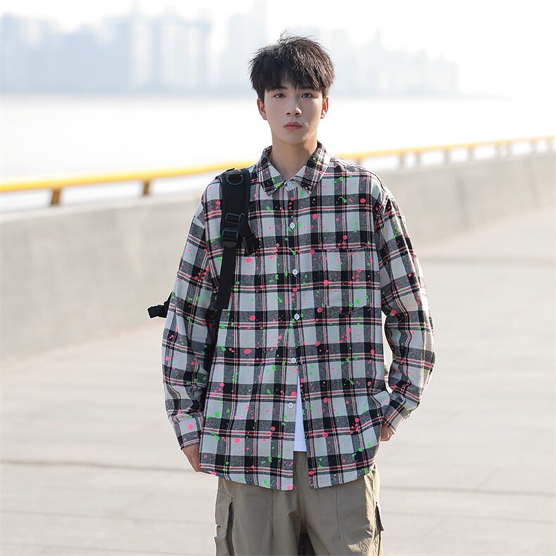 模特-美式涂鸦格子衬衫男外套复古上衣 8053-P48图片
