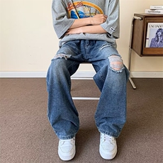 黄泥染破洞牛仔裤男美式高街复古潮牌直筒宽松长裤子夏季薄款痞帅，男装牛仔裤，星座1013