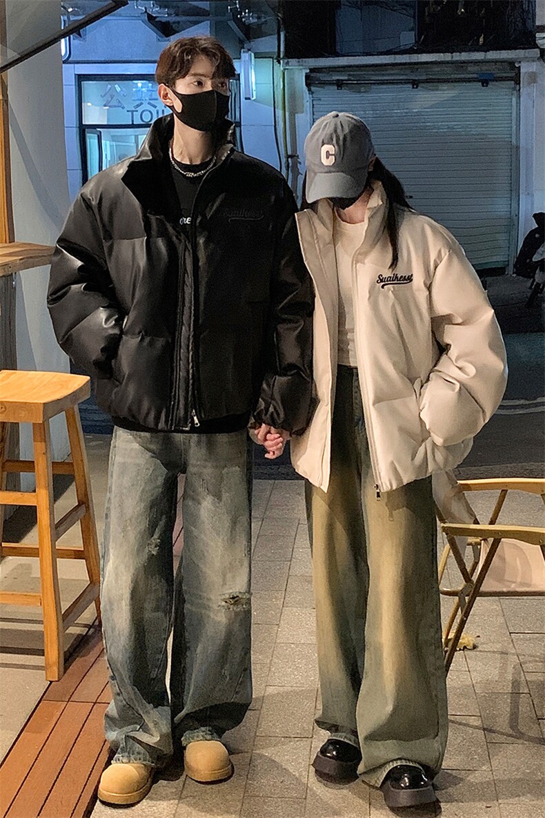 情侣装24冬装宽松绣花PU皮棉衣男女冬季棉服面包服外套S367-P128,男装棉衣,电商A233-1