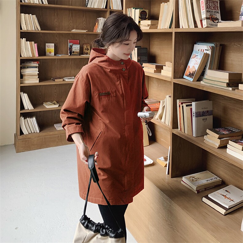 2025年秋季新品宽松型常规日韩休闲中长款连帽拉链学院风风衣外套,女装风衣,秋牧寒烟