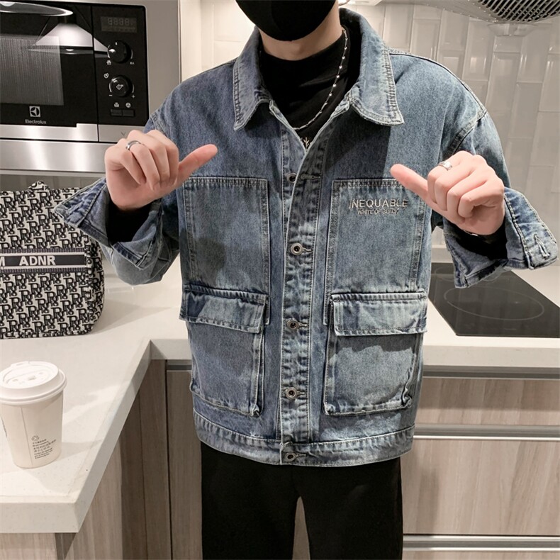秋季新款牛仔衣男士韩版修身网红同款工装牛仔外套潮牌夹克上衣,男装工装外套,电商A327