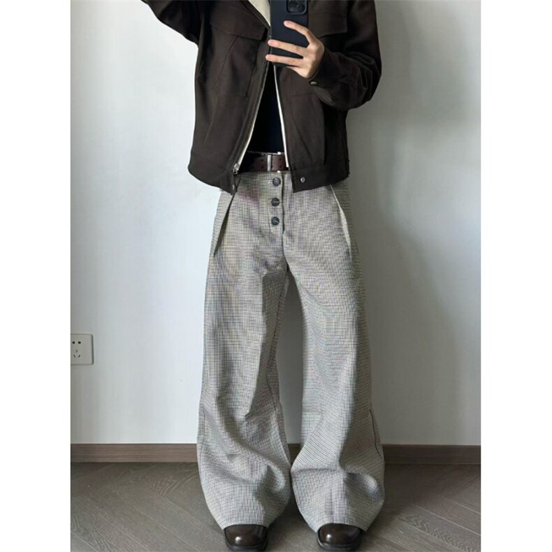 千鸟格复合打褶排扣a字阔腿西裤老钱风cleanfit通勤百搭X392,男装西裤,星座1116A（原606A-3）
