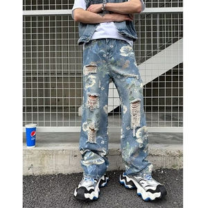 高街牛仔裤男女韩版潮流破洞提花百搭2024秋季ins长裤RK2062-P55图片