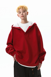 8XL-M叠穿假两件卫衣重磅连帽V领拼接套头衫宽松大码外套WY006P65图片