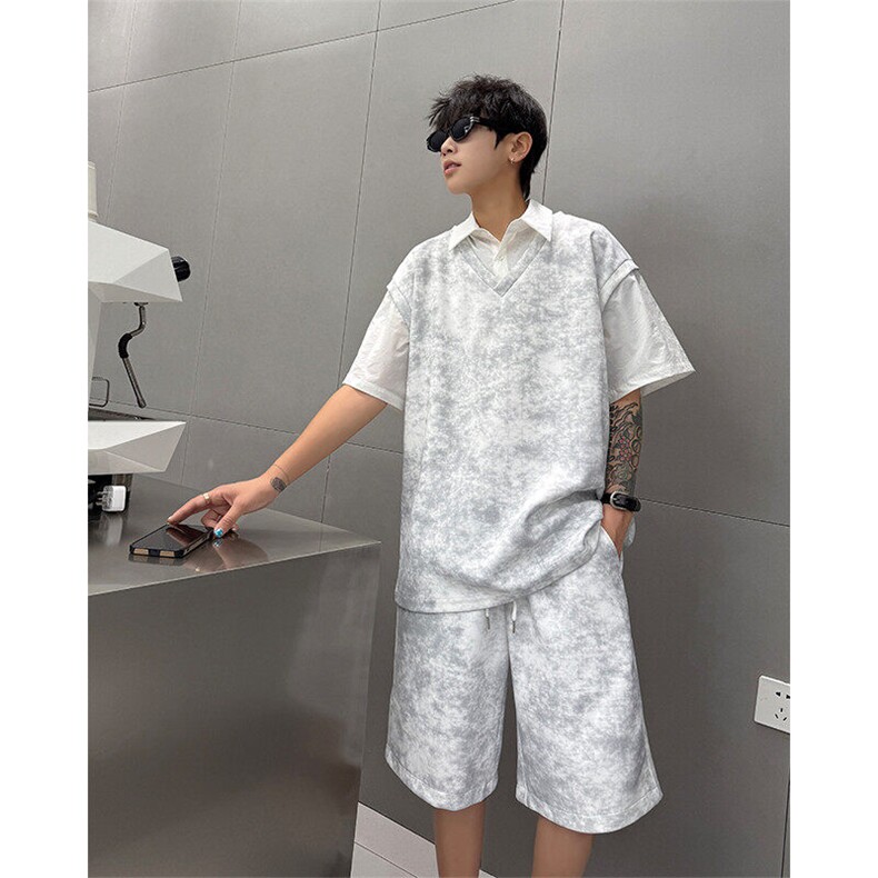 扎染套装西装领休闲春夏套装短袖短裤潮流休闲套装扎染面料特P65,男装牛仔裤,电商B319