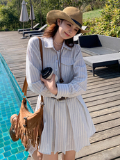 浅蓝色休闲条纹衬衫连衣裙女2025年夏季新款韩系设计感显瘦百褶裙，女装连衣裙，浙宝305