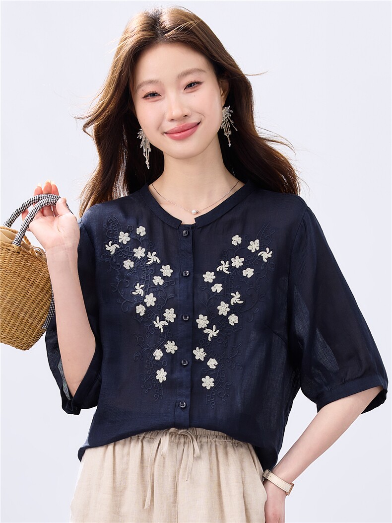 2026夏季苎麻时尚简约大方气质优雅刺绣休闲透气上衣,女装衬衫,独衣靓