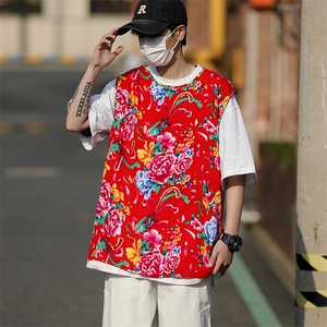 MJ04夏新男士休闲透气凉爽坎肩无袖马甲男女团队服东北大花喜庆潮图片