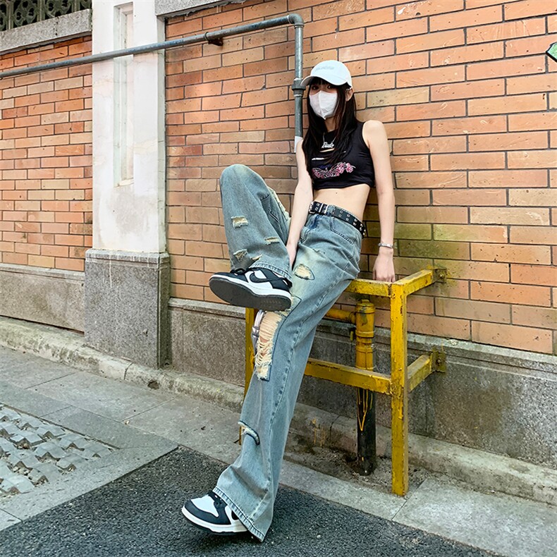 K512痞辣腿精irregularity复古设计破洞牛仔裤女宽松阔腿裤P65图片