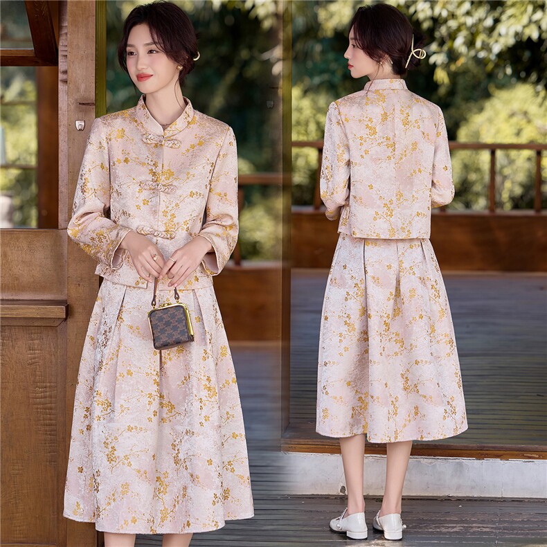 3127复古新中式提花两件套裙,女装套装/套裙,香莘料