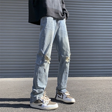 美式破洞泼墨拉链潮流痞帅宽松百搭牛仔裤ZK833-P65，男装牛仔裤，星座313A(原308A-2)