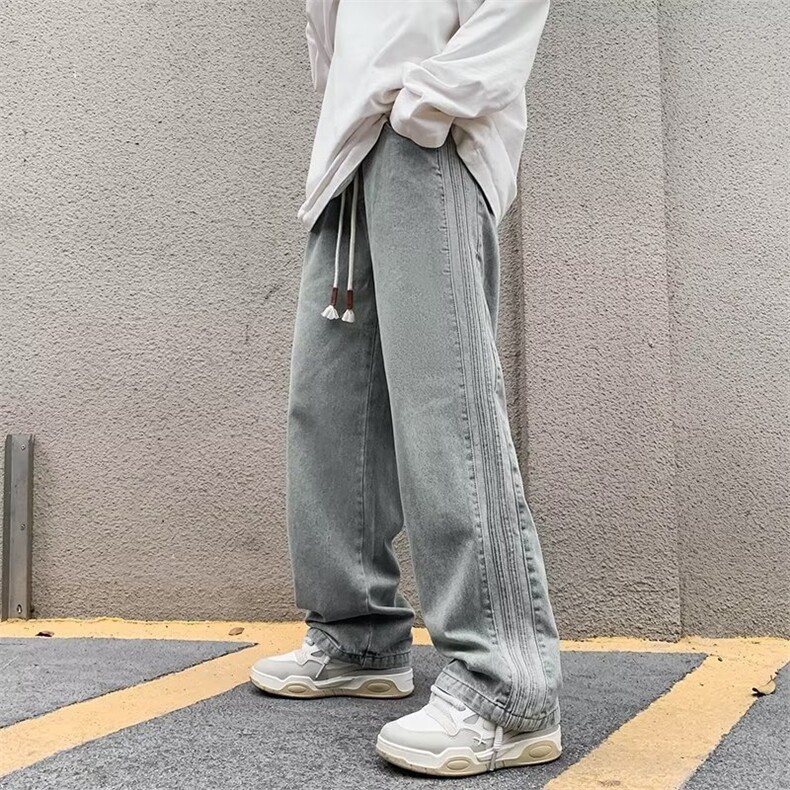 直筒牛仔裤男美式潮牌侧条纹阔腿裤子秋款复古工装裤RK1282-P42,男装牛仔裤,星座412-2