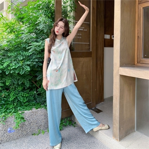新中式盘扣立领马甲阔腿裤两件套女夏2025新款高腰垂感宽松直筒裤图片