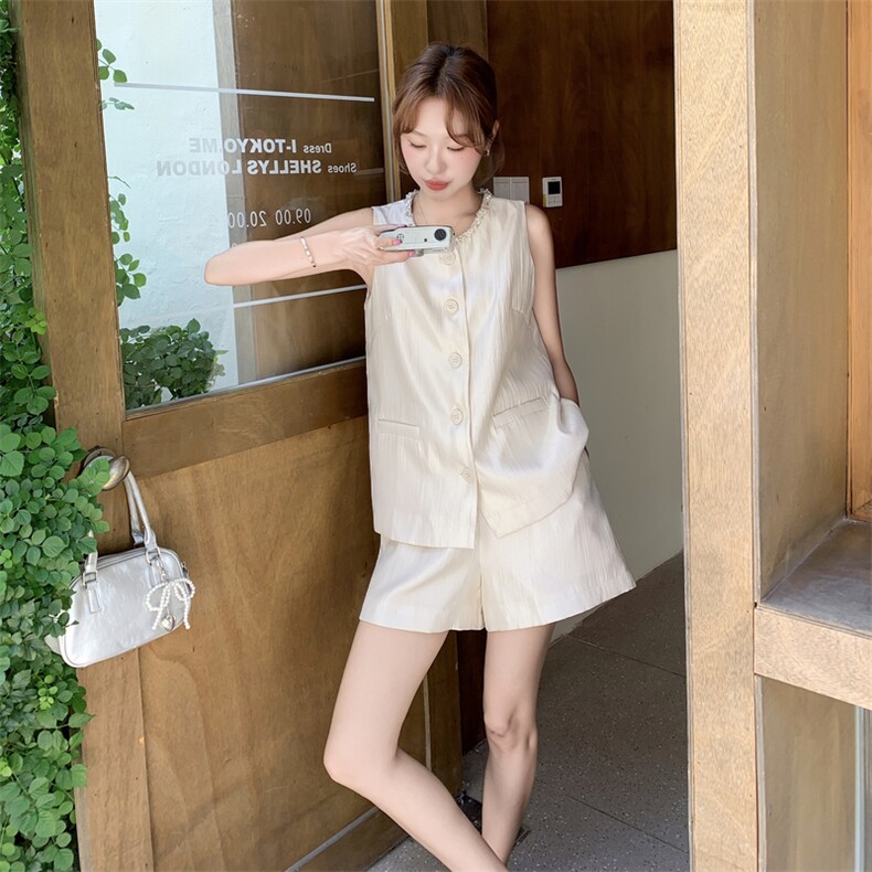 名媛小香风无袖马甲套装女2025年夏季新款气质高腰阔腿短裤两件套,女装套装/套裙,2C176