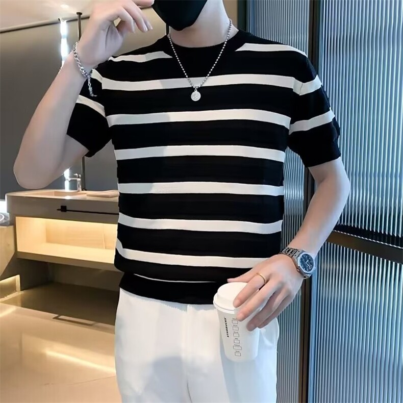 针织冰丝透气短袖T恤男士上衣夏条纹撞色休闲时尚ins潮流圆领,男装T恤,星座1013
