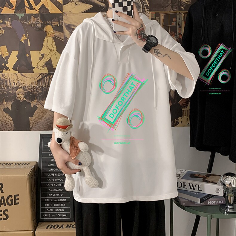 LD54171-P45 连帽短袖t恤男大码胖子带帽五分袖中袖 海报风图片