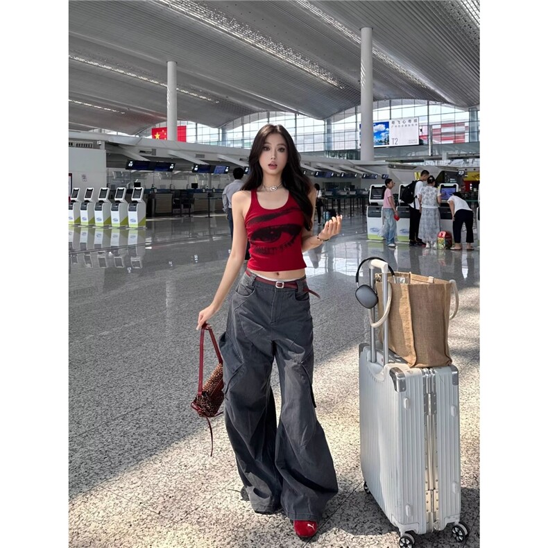 满印五角星休闲阔腿裤女2025新款夏季超火宽松慵懒百搭街舞运动裤,女装休闲裤,星座506A