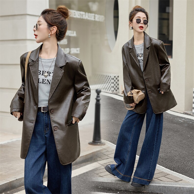 西装皮衣女款2025新款春秋咖色小个子阔版宽松PU机车服皮夹克外套,女装皮衣,江南女神