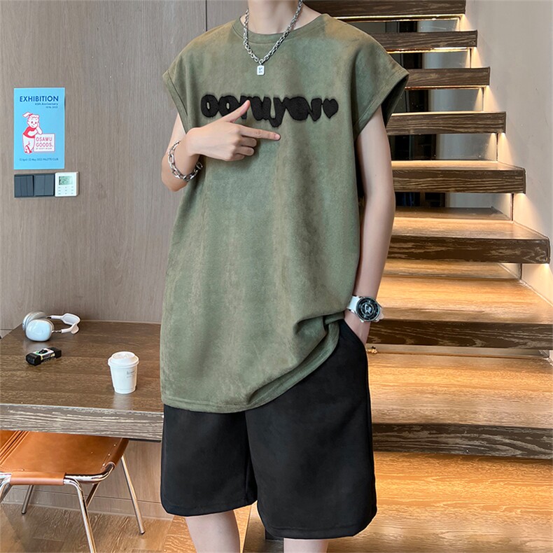 直播美式麂皮绒宽松背心无袖t恤短裤大码两件套套装TZ29-P58,男装T恤,电商A486