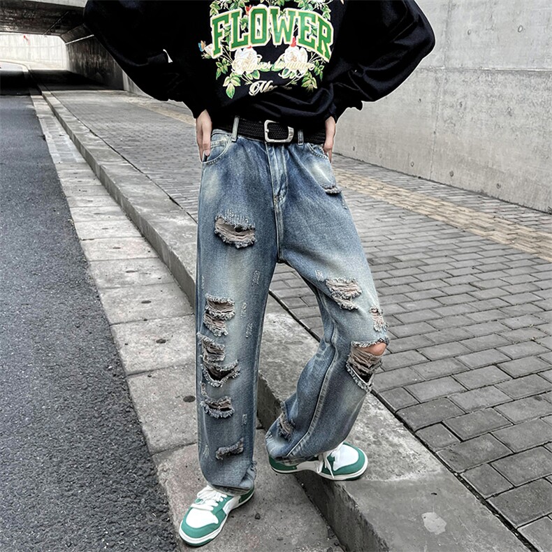 做旧水洗破洞牛仔裤潮牌ins街头男宽松直筒休闲长裤N01331-P45,男装牛仔裤,星座308B-2