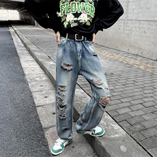 做旧水洗破洞牛仔裤潮牌ins街头男宽松直筒休闲长裤N01331-P45，男装牛仔裤，星座308B-2
