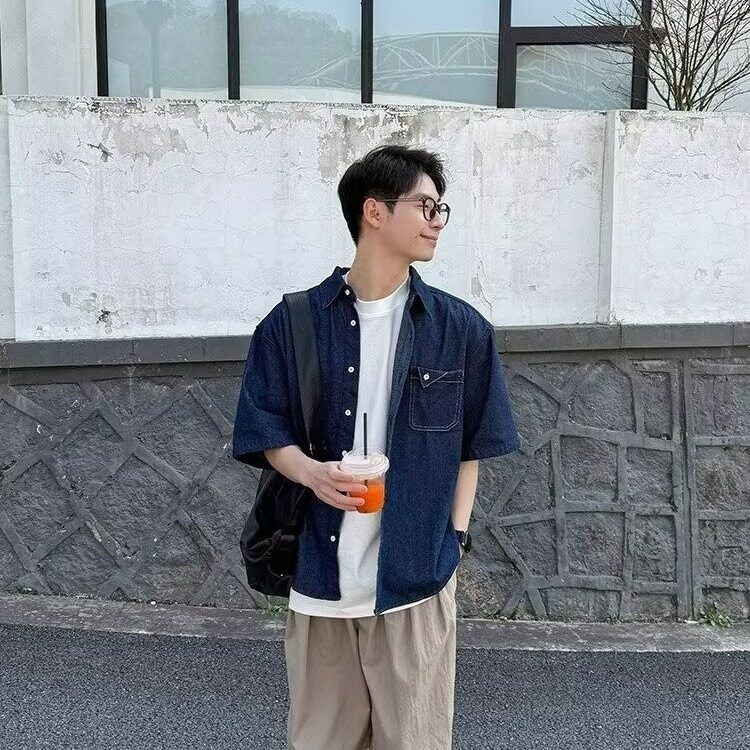 【有货】DJ26-P40蓝色口袋牛仔衬衫短袖男生2025新款夏季百搭衬衣,男装衬衫,星座603-2