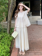 温柔风短袖上衣阔腿裤套装女夏新款松弛感宽松显瘦两件套，女装套装/套裙，水衣源