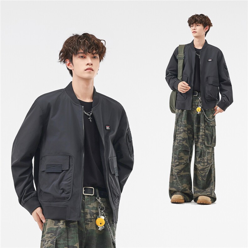 美式复古风棒球服夹克大口袋贴标痞帅百搭休闲外套 J608618  TP75图片