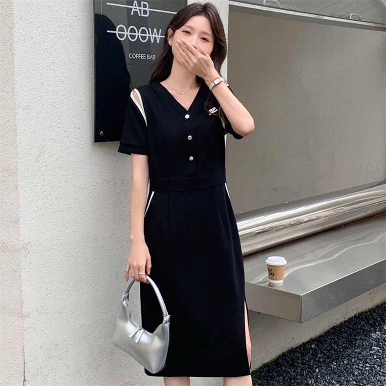 2025夏季新款韩版气质修身显瘦短袖连衣裙,女装连衣裙,超帛