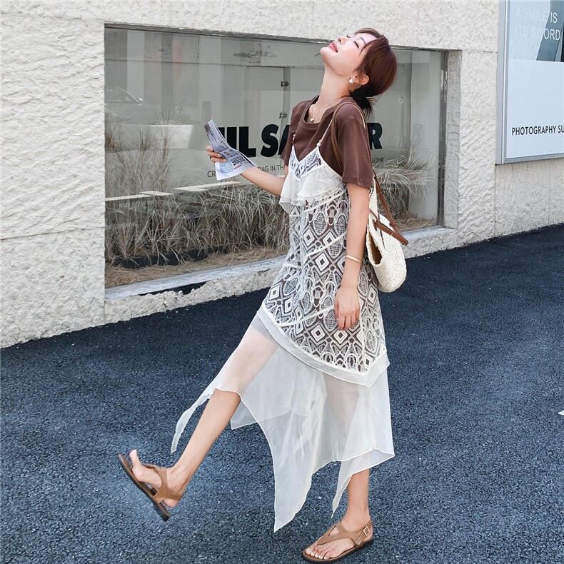 休闲T恤蕾丝吊带连衣裙套装女夏2025新款气质优雅爆款超好看长裙,女装连衣裙,2D044