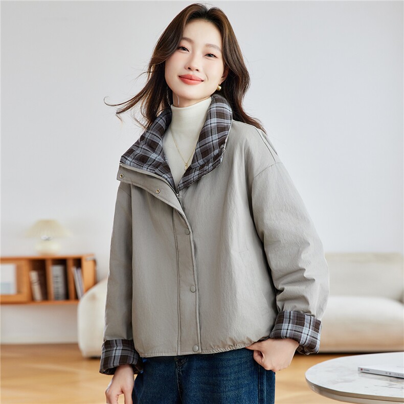 2025年冬季新款格纹拼接百搭棉衣加厚保暖,女装棉衣/棉服,忆绮罗