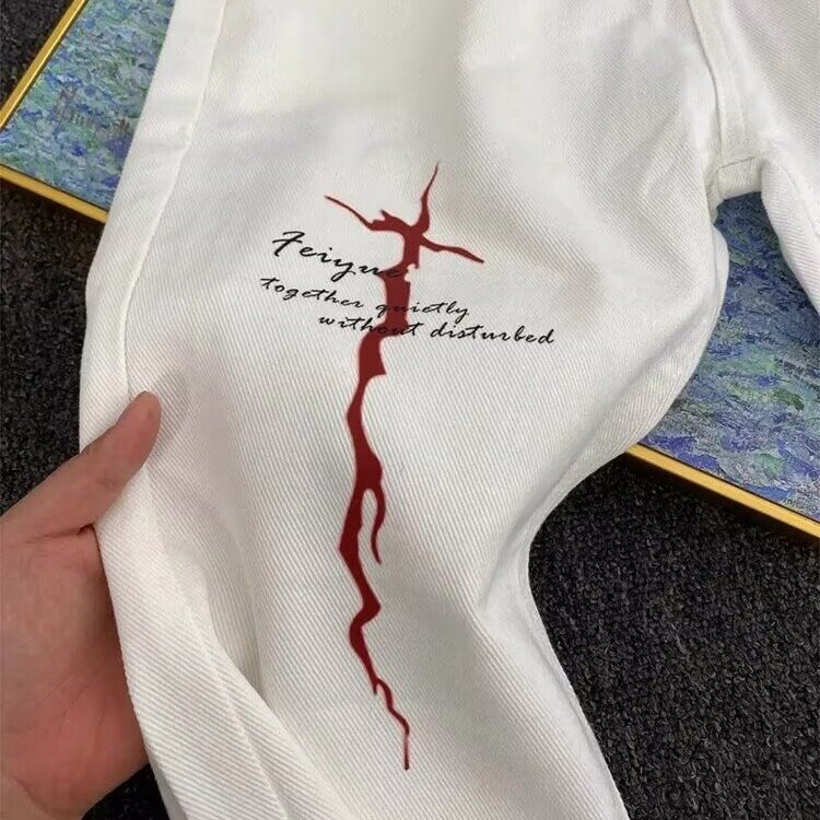 美式高街印花牛仔裤男女同款cleanfit大码痞帅修身显瘦直筒微喇裤,男装牛仔裤,星座1008