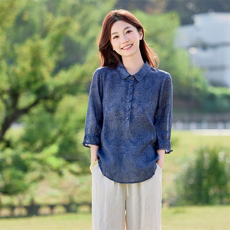 2026年夏季女短袖宽松苎麻常规文艺/优雅，女装衬衫，江南依恋