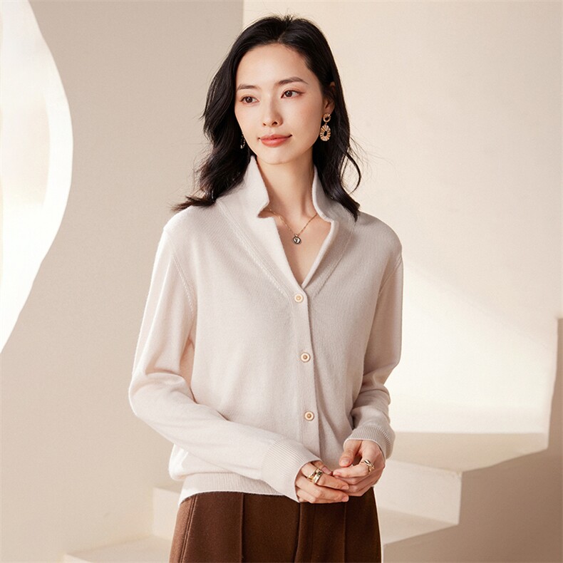 2025春秋新款羊绒衫女100纯山羊绒气质翻领慵懒显瘦针织开衫上衣图片